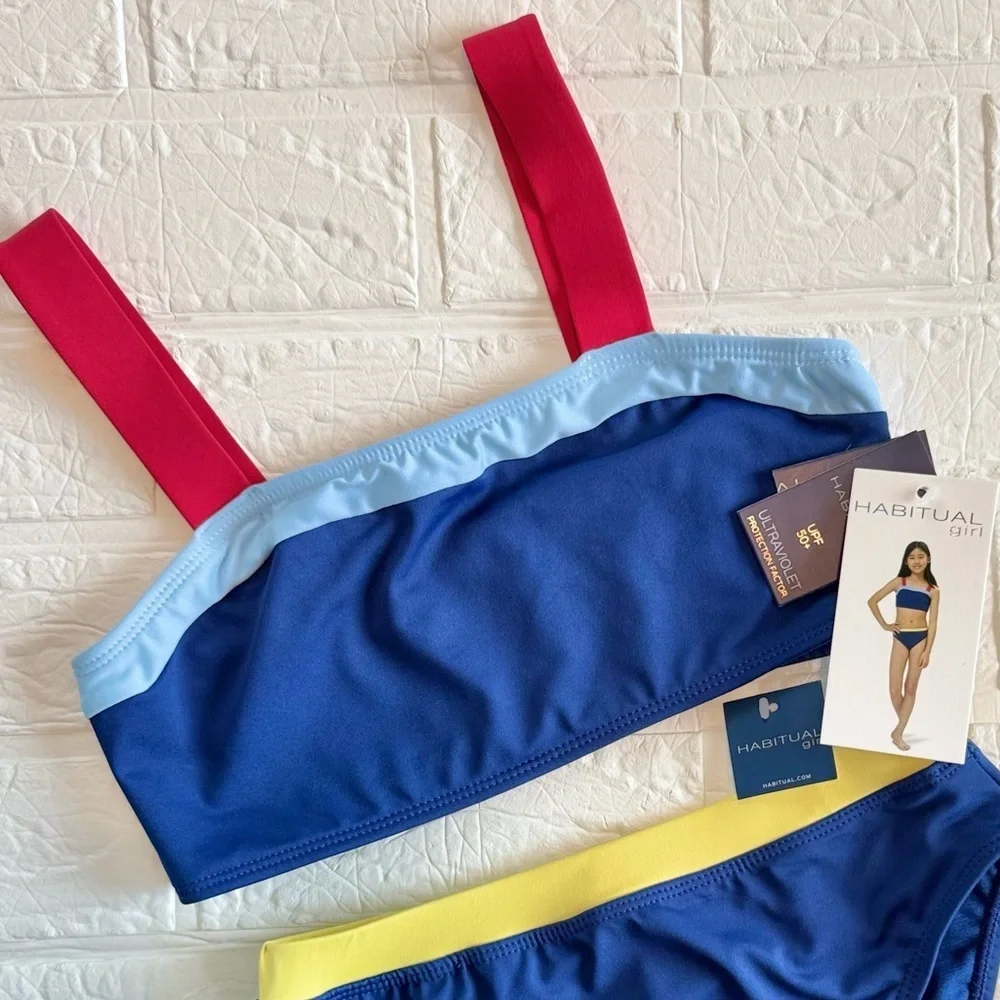New Habitual Kids Blue, Red, and Yellow Two Piece Swimsuit Sz 12 Top 10 Bottoms